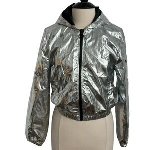 New Look Sport Lightweight‎ Silver Metallic Cropped Zipper Hooded Bomber Jacket